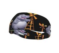 Fascia per il sudore decorativa sportiva alla moda WHJSSF ippopotamo che gioca con mulino a vento Immagine traspirante elastica adatta per ciclismo, yoga, corsa