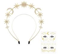 Fascia Sole Luna e Stelle,Sole Corona Stelle Fascia di Cristallo con 2 Tatuaggi Temporanei Sole,Glitter Sole Luna Stelle Fascia Accessori per Le Donne Boho Matrimonio Carnevale Copricapo