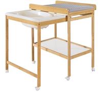 roba Fasciatoio + Vasca da Bagno Baby Pool - Materassino Idrorepellente roba Style Grigio - Scorrevole - con Tubo di Scarico - 6 Ruote con Freni - Legno Naturale e Bianco