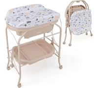Fasciatoio COSTWAY con vasca da bagno, fasciatoio portatile con copertura in PVC, vasca da bagno, vano portaoggetti, fasciatoio pieghevole con 4 ruote universali per neonati e bambini (beige)