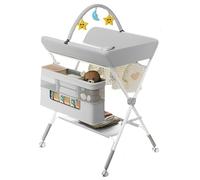 Fasciatoio pieghevole con ruote, altezza regolabile, organizer portatile con cesto portaoggetti e barra appendiabiti, mobile con serratura per bagno, massaggi e cambio pannolini, 0-12 m
