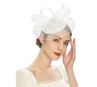 Fascinator, cappello da donna con velo: cappello estivo da donna, traspirante, per tea party, chiesa, cappello da sposa, cappello da bowler elegante cilindro, cappello da cocktail Fedora, bianco,
