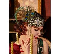 Fascinator pizzo piuma cappello per le donne, Accessori for cerchietto con piume vintage da donna, con perline e strass, con nappe, decorazioni for la fronte(GN,1 count (Pack of 1))