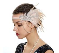 Fascinator pizzo piuma cappello per le donne, Fascia for capelli con piume anni '20 for donna, copricapo vintage, accessori for fascia flapper(White and nude)