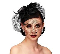 Fascinators Cappelli da donna, cappelli da sposa vintage, fascinator, bianco nero da donna con clip fiore rosso fascia con velo piuma per abito da festa banchetto accessori per capelli da sposa, Nero