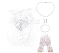 Fascinators Cappelli per donne Tea Party Rete Fascinator Fascia per donne ragazze collana di perle orecchini braccialetto guanti corti in pizzo bianco, confezione da 5, bianco, S/L
