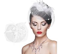 Fascinators per Capelli da Donna Cappello da Cocktail da Sposa Fascia in Velo a Rete di Piume Flower Derby Hat Cappello di Matrimonio Veil Fiore Piuma Hat per Cocktail Derby Church Banquet (Bianca)