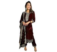 FASHION BAZAR 365 Abito da lavoro ricamato in tessuto di velluto pesante indiano 14986, Rosso, 36
