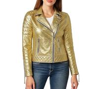 Fashion_First Brando - Giacca da donna in pelle metallizzata metallizzata, per motociclisti, discoteche, feste all'aperto, Oro metallizzato., M