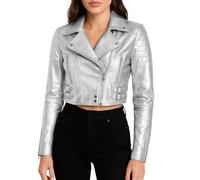 Fashion_First Brando - Giacca da donna in pelle metallizzata metallizzata, per motociclisti, discoteche, feste all'aperto, Argento, L