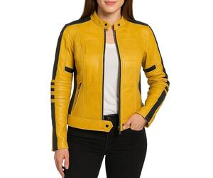 Fashion_First Uma Thurman Kill Bill The Bride Costume da motociclista giallo Cosplay giacca e pantaloni in pelle Giacca gialla Small-38