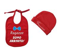 Fashion Graphic Coordinato bavetta bavaglino e cappellino neonato bimbo Ragazze sono arrivato Cotone 0-3 mesi personalizzato con nome Made In Italy Rosso