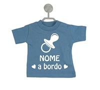 Fashion Graphic Mini T-Shirt Auto Ciuccio Nome Bimbo Bimba a Bordo Personalizzata con Nome Dotata di Gruccia e Ventosa (Celeste)