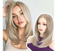 FASHION IDOL 13x3 HD - Parrucca con frontale in pizzo da 35 cm - Parrucche bob con frontale in pizzo pre-sfilacciato - Parrucche bob scalate sintetiche castano chiaro con frangia