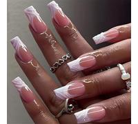 Fashion Square False Nails Set Stampa Con Strisce Il Bastone Lucido Su Manicure Art Party Pronto Unghie Dettagliate