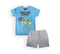 Fashion UK Pigiama Minecraft Estivo Primaverile Modello Mine Nap Repeat Maglietta Pantaloncini Azzurro Grigio Cotone Prodotto Ufficiale Taglie da Bambino (6 Anni - 116 cm)