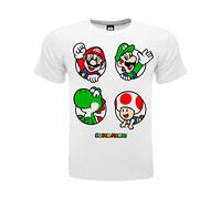 Fashion UK T Shirt Personaggi Mario. Mario, Luigi, Yoshi e Toad. 100% Cotone. Colore Bianco con Logo. Prodotto su Licenza. Taglie da Bambino/Ragazzo. (7-8 anni)