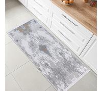 Fashion4Home Tappeto a pelo corto, boho Kelim, per soggiorno, camera da letto e cucina, per corridoio, camera dei bambini, colore: grigio astratto e oro, saluti: 60 x 180 cm