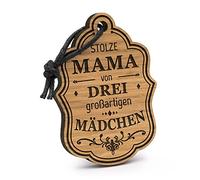 Fashionalarm Portachiavi Orgogliosa mamma di 3 ragazze in legno con incisione | idea regalo compleanno festa della mamma nascita bambino figlia madre, marrone