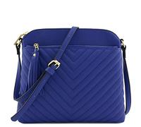 FashionPuzzle Chevron - Borsa a tracolla trapuntata media con nappe, Blu reale, Taglia unica