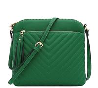 FashionPuzzle Chevron - Borsa a tracolla trapuntata media con nappe, Verde kelly, Taglia unica
