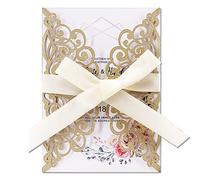 Fashmade 50 inviti di nozze tagliati al laser con buste e nastri glitterati vuoti biglietti personalizzati inviti per compleanno baby shower festa di Natale doccia nuziale (oro)