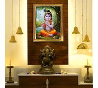 Fashnkart Cornice in legno Lord Ganesha con Aarti - Cornice portafoto fatta a mano con dio indù per sala Puja, Mandir & Gift - Decorazione devozionale indiana 30,5 x 22,9 cm