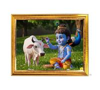 Fashnkart Lord Krishna Cornice dorata con immagine di dio indiano, tempio religioso orizzontale, da appendere alla parete, puja, devozionale, casa, casa, 40,6 x 30,5 cm
