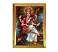Fashnkart Maa Saraswati Foto Religiosa Puja Room Tempio Appeso Regalo Decorazione per la Casa Con Cornice Dorata Per Il Culto 11.8 X 15.7