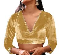 Fashnkart Sari Sari Choli - Camicetta da donna indiana, in velluto, con scollo a V, maniche a 3/4 con Gotta Patti, Beige, L