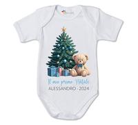 fashwork Body Natale PERSONALIZZABILE con nome neonato divertente - Il mio primo Natale - Orsetto Celeste - Idea Regalo - Christmas - Regalo Natale Natalizio