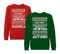 fashwork - Coppia Felpe Personalizzate Natalizie con Nome, Felpa Uomo e Donna Girocollo Rossa e Verde, Felpe Merry Christmas Idee per Regali Natale Originali (Our First Christmas as Mr And Mrs)