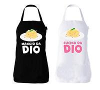 fashwork Coppia Grembiuli cucina divertenti Mangio da Dio Cucino da Dio Idea Regalo San Valentino Natale Compleanno Matrimonio Anniversario in poliestere