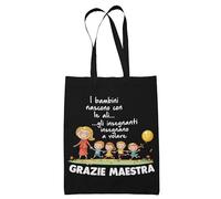 fashwork Shopping Bag Maestra Grazie Maestra i bambini nascono con le ali Fine Anno Scolastico Shopper Nera con Manico per Insegnanti Asilo Nido Scuola Materna Elementari