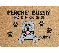 fashwork Tappeto PERSONALIZZATO con nome cane divertente Pitbull Perchè bussi? Zerbino in poliestere 60x40 cm