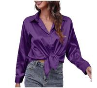 FASLOLSDP Camicetta da donna in raso a maniche lunghe, multicolore, elegante, per la sera, per feste, liscia, moderna, con bottoni, stile europeo, S, M, L, XL, XXL, rosa, caffè, GN2, viola, viola., XL