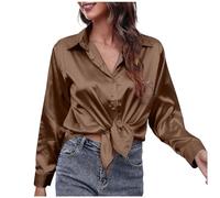 FASLOLSDP Camicetta da donna in raso a maniche lunghe, multicolore, elegante, per la sera, per feste, liscia, moderna, con bottoni, stile europeo, S, M, L, XL, XXL, rosa, caffè, GN2, viola, caffè, XL