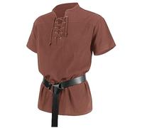 FASLOLSDP Camicia da uomo medievale Ailrik con bordo, a maniche corte vichinga, con cintura, guerre, travestimento per carnevale, camicia da pirata, stile vichingo, steampunk, rinascimentale, gotico