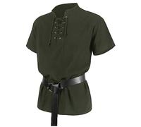 FASLOLSDP Camicia da uomo medievale Ailrik con bordo, a maniche corte vichinga, con cintura, guerre, travestimento per carnevale, camicia da pirata, stile vichingo, steampunk, rinascimentale, gotico