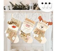 Fassory Set di 3 calze di Natale con ganci antiscivolo, sacchetto regalo di Natale, grande ornamento per albero di Natale, decorazione 3D Babbo Natale, renna e camino, colore: oro e crema