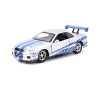 Jada 1:32 Brian's 1999 GT-R Silver/Blue Miniatura Auto Nissan Skyline GTR R34 Brian Fast And Furious Scala 1/32, Colore Grigio/Blu, 97184S