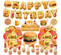 Fast Food Party Decorazioni patatine fritte Pizza Hamburger Pollo fritto Hot Dog Party Forniture Include Banner Cake Cupcake Toppers Spirali Palloncini per Fast Food Decorazioni di compleanno