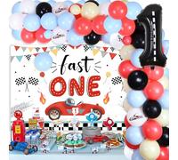 Fast One Birthday Party Decorations - Kit ghirlanda di palloncini per auto da corsa vintage e sfondo veloce con bandiera a scacchi, numero 1 palloncini con ruote per 1° compleanno
