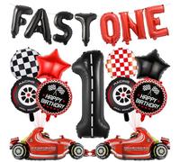 Fast One Race Car - Palloncini per il primo compleanno dei ragazzi | Fast One - Palloncino a forma di macchina da corsa, a scacchi con numero 1