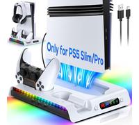 FASTSNAIL Supporto di ricarica con ventola di raffreddamento per console PS5 Pro/Slim, stazione di ricarica controller verticale con 9 luci RGB e gancio per cuffie e ventola silenziosa a 3 livelli