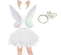 Fata Costume Ladies Set, 4pcs Fata Costume gonna di tulle con ali di fata e orecchie di fata e corona di fiori Dente Fata foresta Carnevale Costumi Donna Ninfa Cosplay foresta Fata Costume(bianco