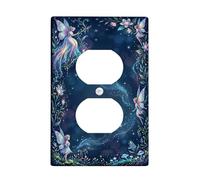 Fata Duplex Outlet Covers Placca da parete, fantasiosi fiori incantati funghi primavera blu navy plastica dimensioni standard doppia presa di corrente piastra di copertura per soggiorno camera da