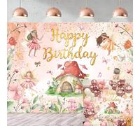 Fata Happy Birthday sfondo - 1,8 x 1,2 m, fiori rosa sfondo primo compleanno per ragazze - Decorazioni per feste a tema fiabe