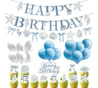 Fatiya Set di decorazioni per feste di compleanno con conchiglie bianche e blu, striscione di buon compleanno con topper per torta e palloncini, forniture decorative per feste a tema mare costiero