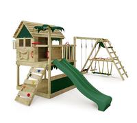 Fatmoose Parco giochi Portico Legno TikaTaka con altalena SurfSwing e Scivolo Verde, Capanna Bambino all'aperto con sandbox, scaletta da arrampicata & Accessori per giochi